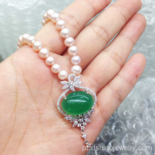 Colar de Jade natural pérola de água doce e pingente de diamante